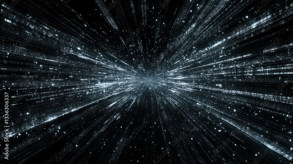 Poster a digital abstract depiction of shining lines in dark space