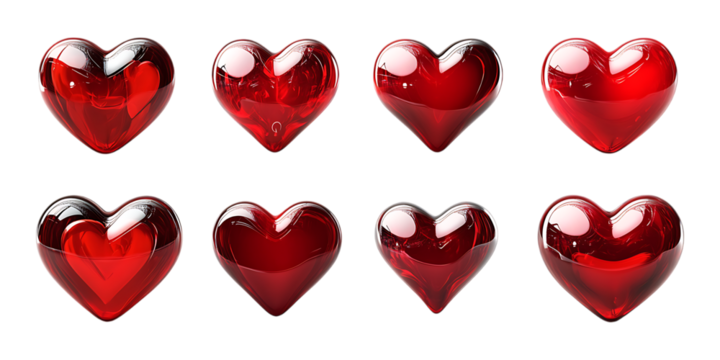 Pack Glossy Red Heart set against transparent background for Love Designs, Romantic Branding, or Valentine-Themed Projects