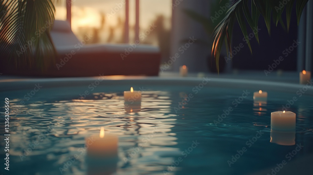 Poster relaxing spa pool with floating candles and natural light