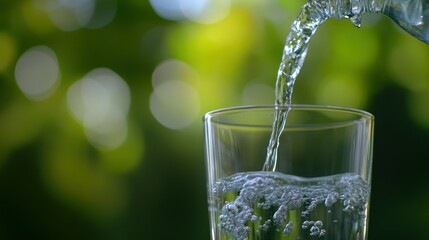 A clear stream of water pouring into a drinking glass