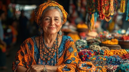 Obraz premium Portrait Of A Smiling Senior Woman Selling Handmade Jewelry At A Vibrant Market Stall. Perfect For Illustrating Themes Of Entrepreneurship, Heritage, And Lively Markets. A Close Up Shot Of A Happy