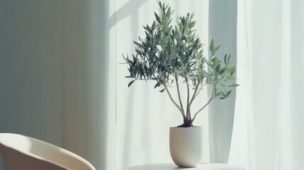 A small potted plant sits next to a white sheer curtain