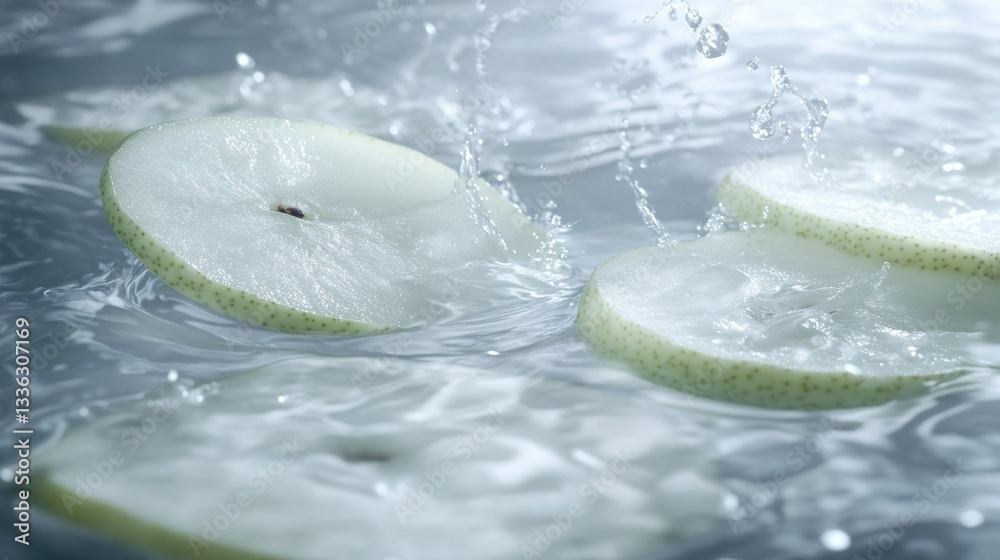 Poster Sliced pears submerged in water with droplets and splashes visible