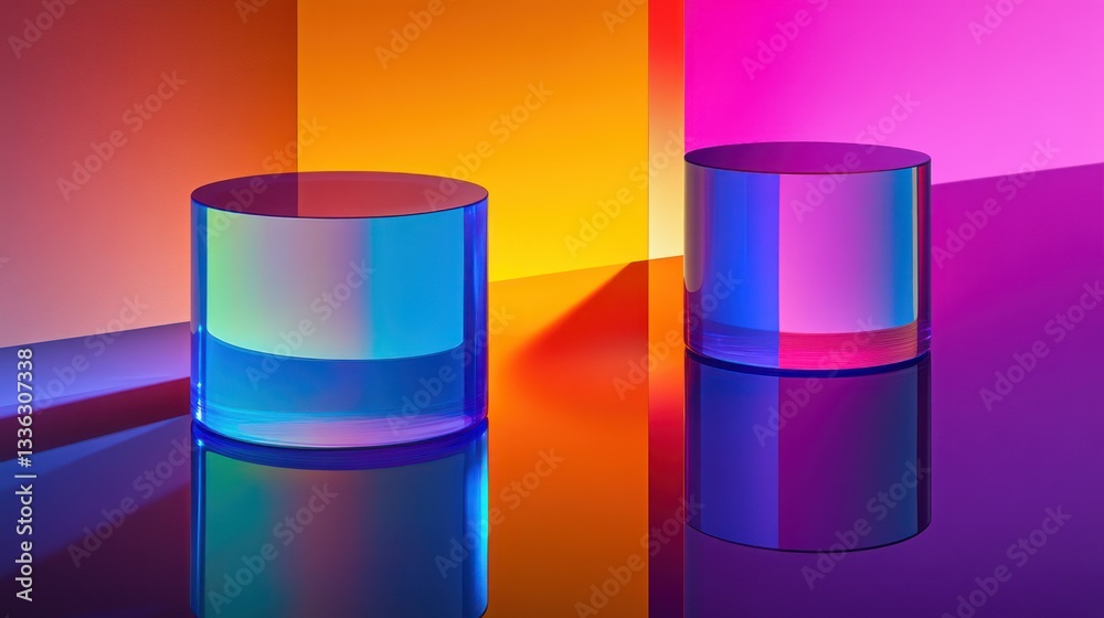 Poster two cylindrical objects are reflecting vibrant colors in a creative composition