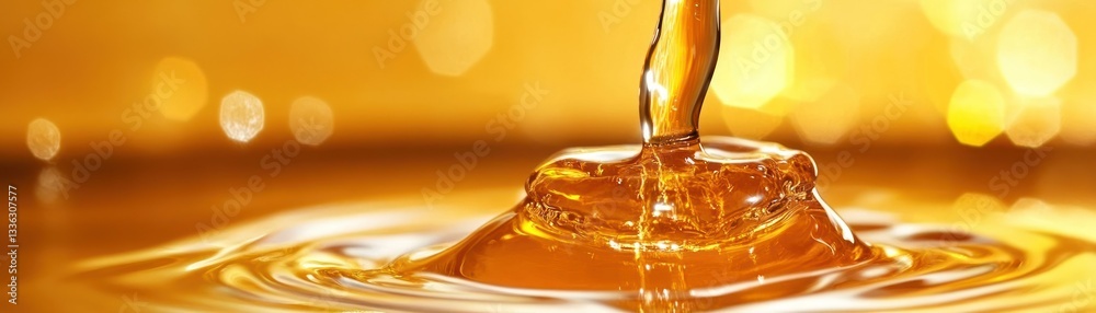 Aufkleber golden liquid pouring and creating ripples on surface in macro detail