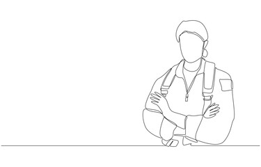 Continuous one line drawing of female fighter pilot crossing arms, air force pilot concept, single line art