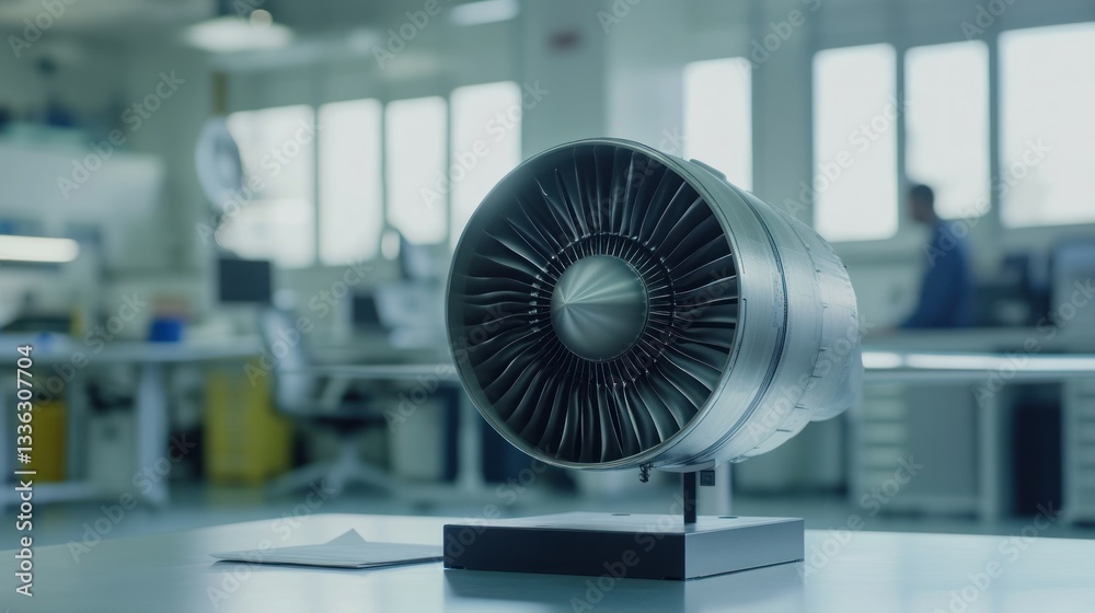 Poster a detailed close up of an aircraft engine on a table