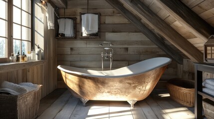 Cozy wooden bathroom with a vintage bathtub, natural light streaming through the window, creating a serene atmosphere