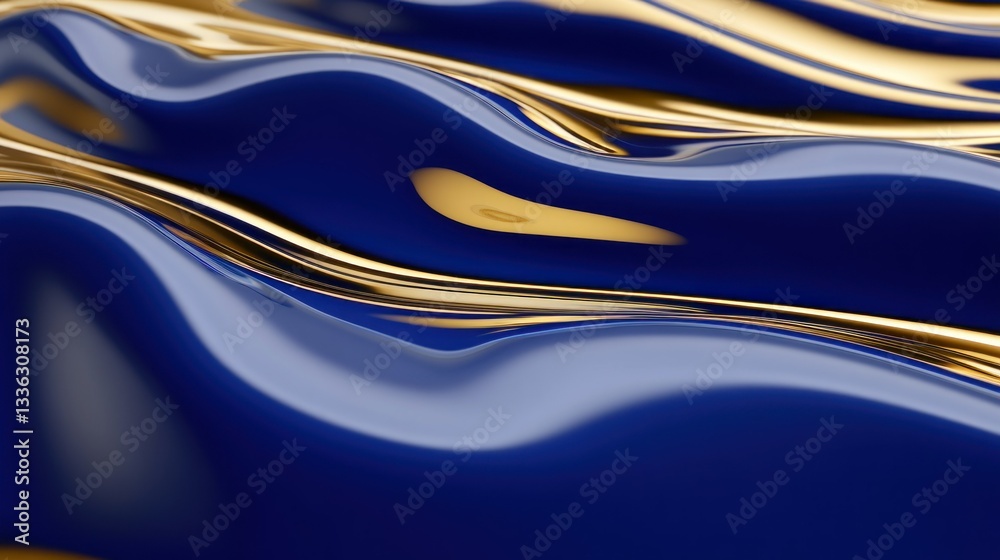 Poster blue and gold abstract design showing flowing liquid forms together