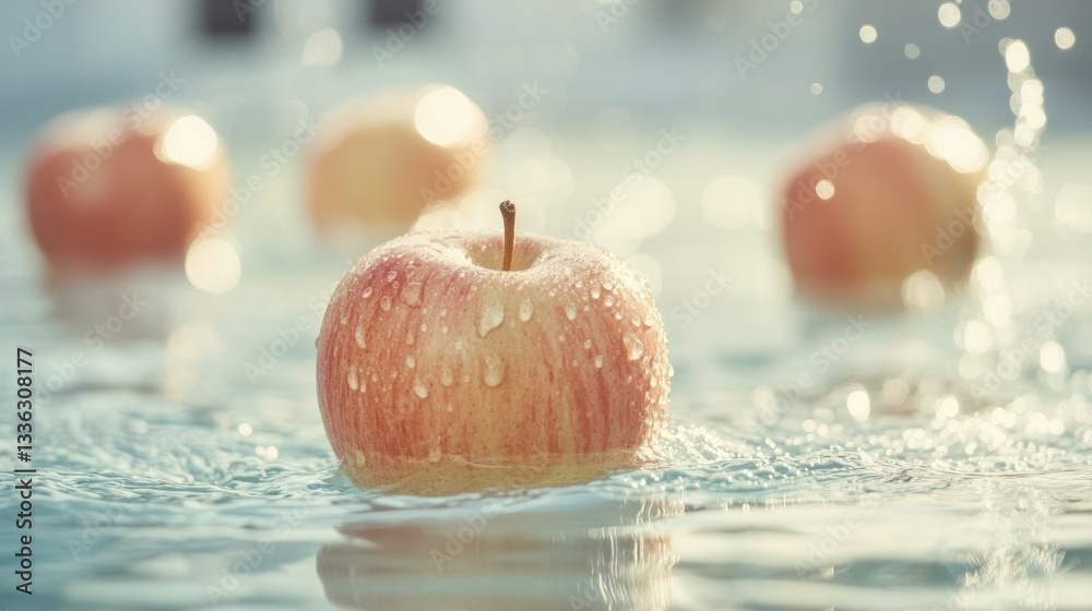Poster Several apples floating in water with droplets on surface