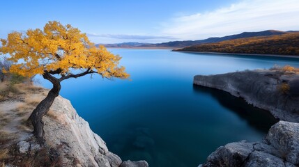 Vibrant autumn tree overlooks serene lake against a backdrop of rolling hills and calm waters