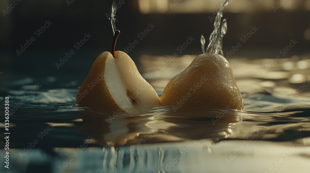 Poster two halved pears submerged in water being splashed upon them
