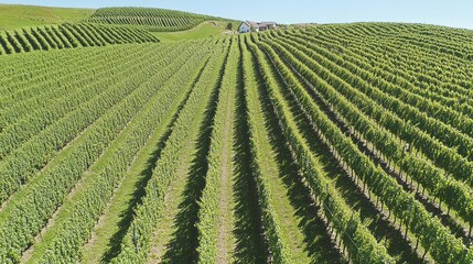 Expansive green vineyard rows ascending a gentle rolling hillside under the sun