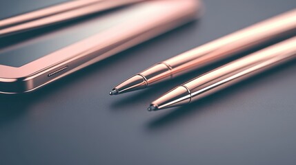 Rose gold pens are lying beside a mobile phone device