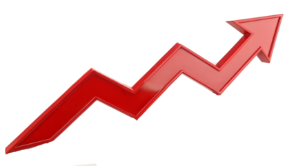 Red upward arrow graph showing rising trend isolated on transparent background, cut out