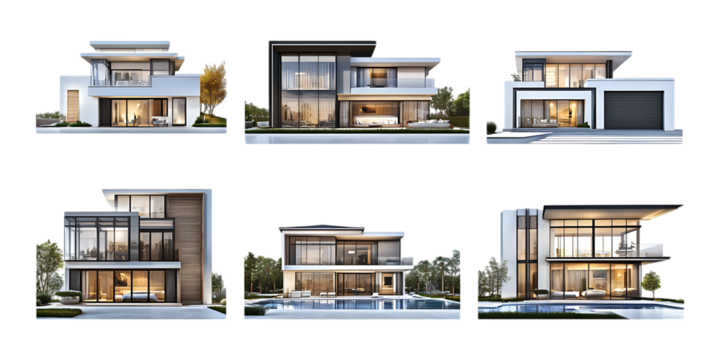 Pack Modern House set against transparent background for Real Estate Branding, Architectural Illustrations, or Luxury Home Designs