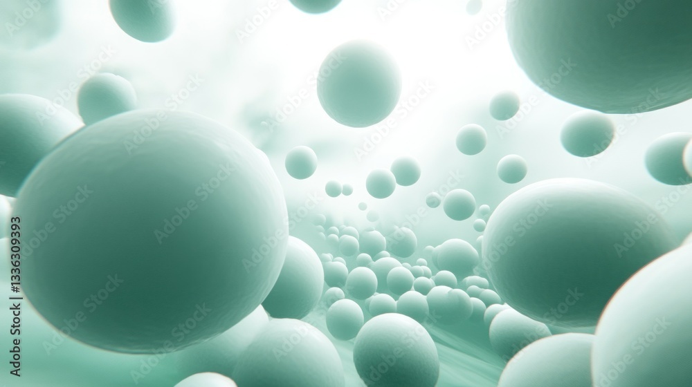 Poster Spherical objects of various sizes float within a cloudy environment