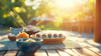 A beautiful outdoor sushi meal arrangement on a sunny day