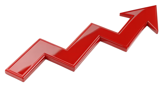 Red upward arrow graph showing rising trend isolated on transparent background, cut out