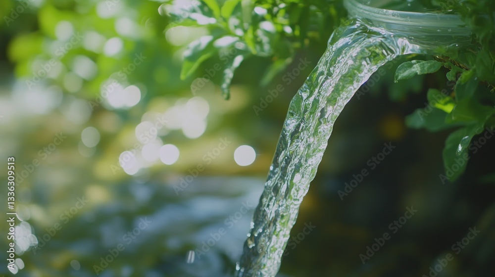 Poster flowing water cascades downwards from a plastic container into a stream