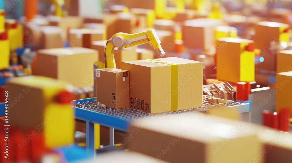 Poster Automated robot arm sorting packages on a production line