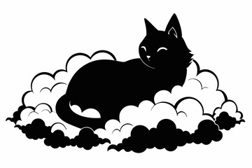 cat resting on a bed of soft clouds line art silhouette vector illustration