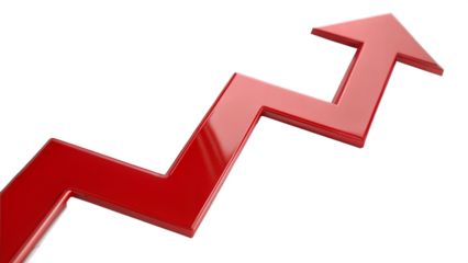 Red upward arrow graph showing rising trend isolated on transparent background, cut out