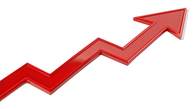 Red upward arrow graph showing rising trend isolated on transparent background, cut out