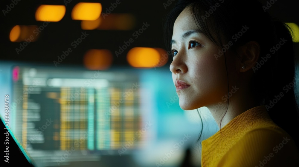 Poster a woman observes a computer screen with focused attention and intensity