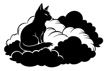 cat resting on a bed of soft clouds line art silhouette vector illustration