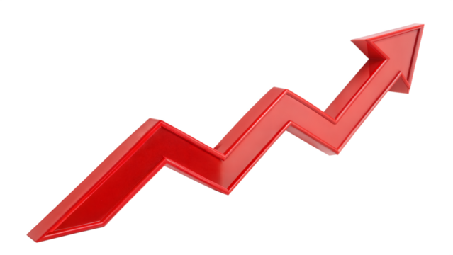 Red upward arrow graph showing rising trend isolated on transparent background, cut out