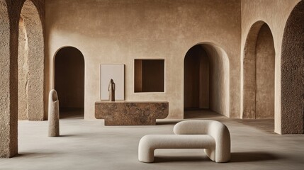 Interior architectural room design features arches furniture and art