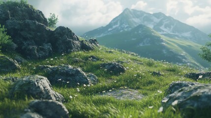 Serene Mountain Landscape with Rocks and Lush Greenery