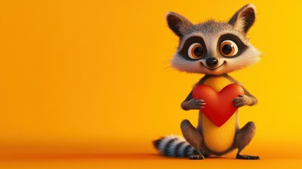 A charming cartoon raccoon holding a red heart with happiness