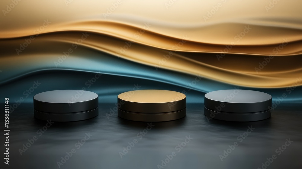 Poster three circular product platforms against a wavy golden backdrop