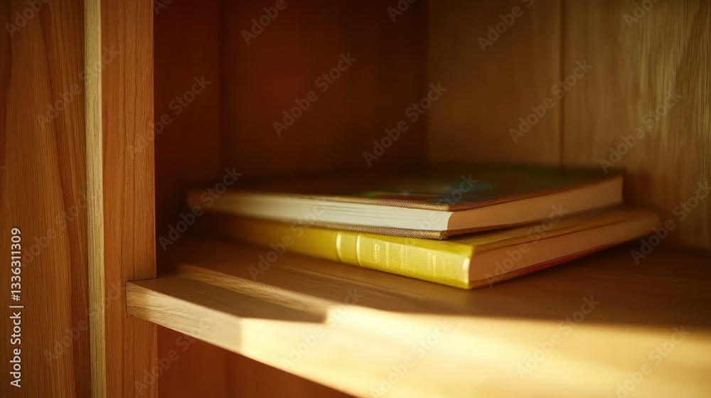 Poster two books rest upon a wooden shelf in soft light