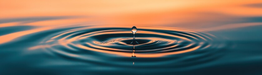 A single water droplet creates ripples across calm reflective water