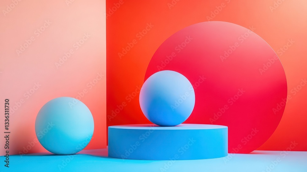 Poster abstract artwork featuring spheres and geometric shapes with varying colors