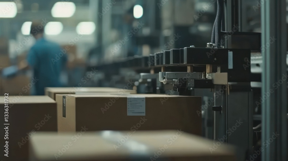 Aufkleber Cardboard boxes move through an automated system in a warehouse