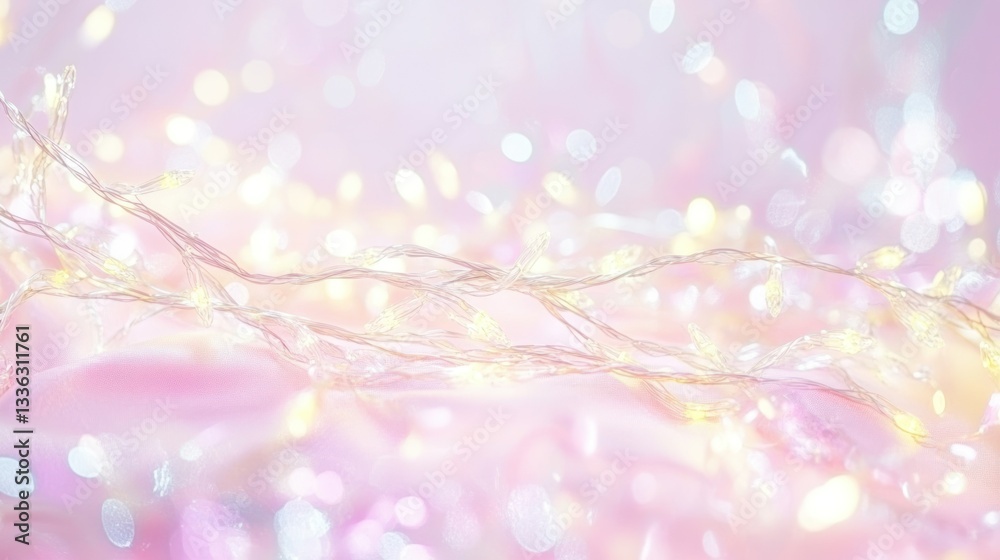 Poster Delicate string lights illuminating a soft pink and white background