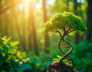 A DNA strand transforming into a tree-like structure, symbolizing genetic evolution and natural science with branding space.