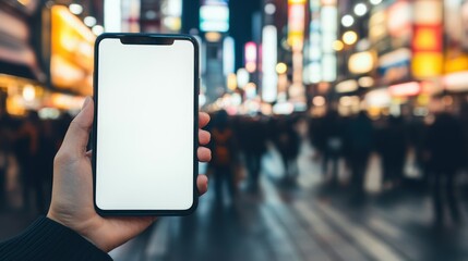 Hand holding mobile phone with blank screen on city street