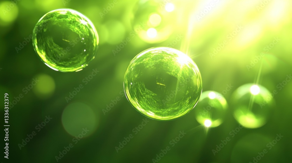 Poster several glowing green spheres float within a radiant background of light