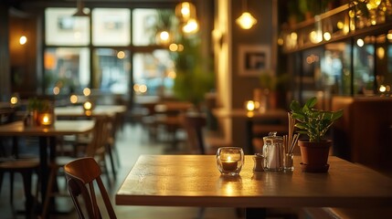 empty restaurant interior with cozy atmosphere, warm lighting and lively mood, elegant diner decor at dawn, 32k Resolution