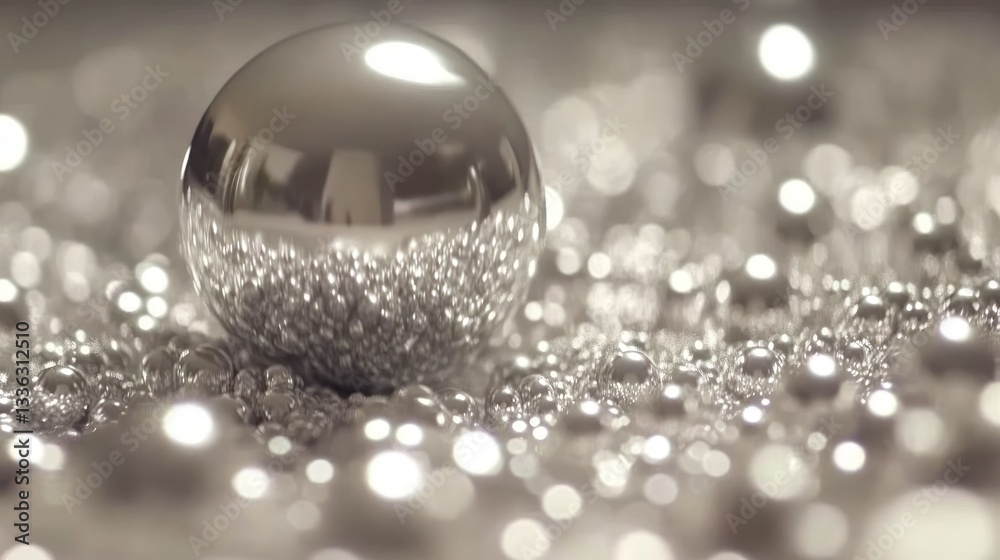 Poster a shiny sphere rests upon many tiny reflective bubbles