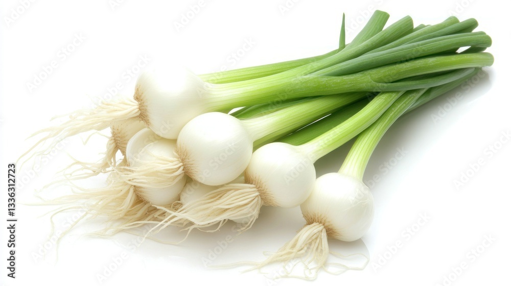 Poster fresh green and white spring onions displayed on a bright surface