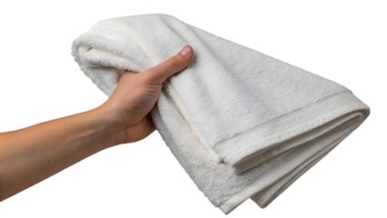 hand holding a towel isolated on white