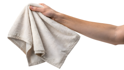 hand holding a towel isolated on white
