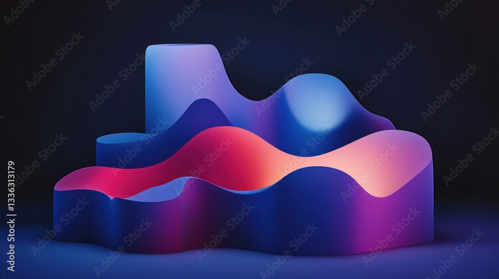 Poster colorful three dimensional geometric shapes are displayed on a dark background