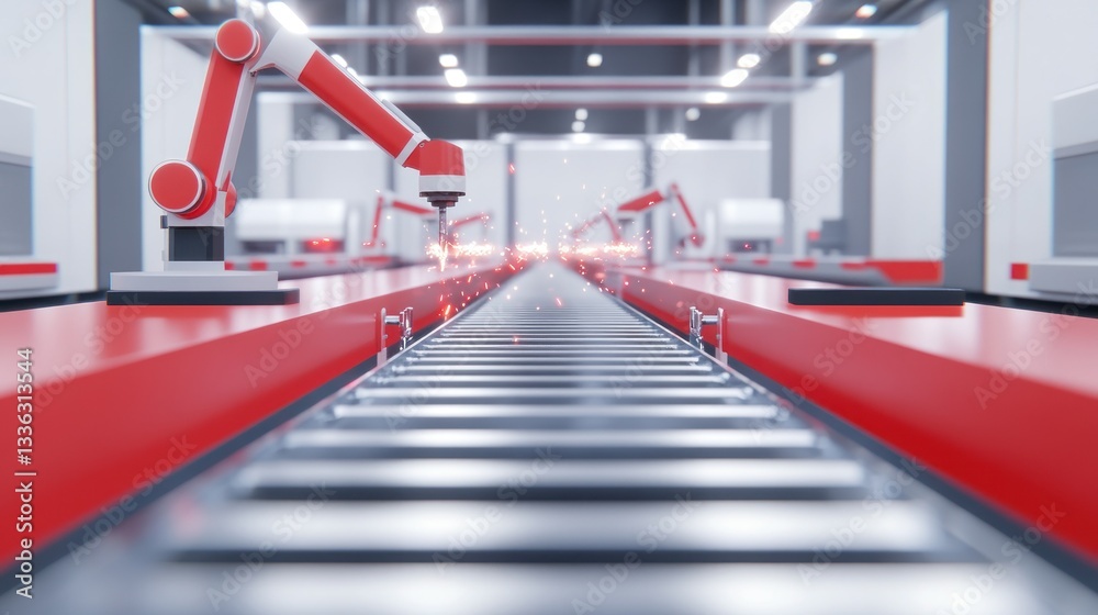Poster industrial robotic arms processing material across a factory conveyor system